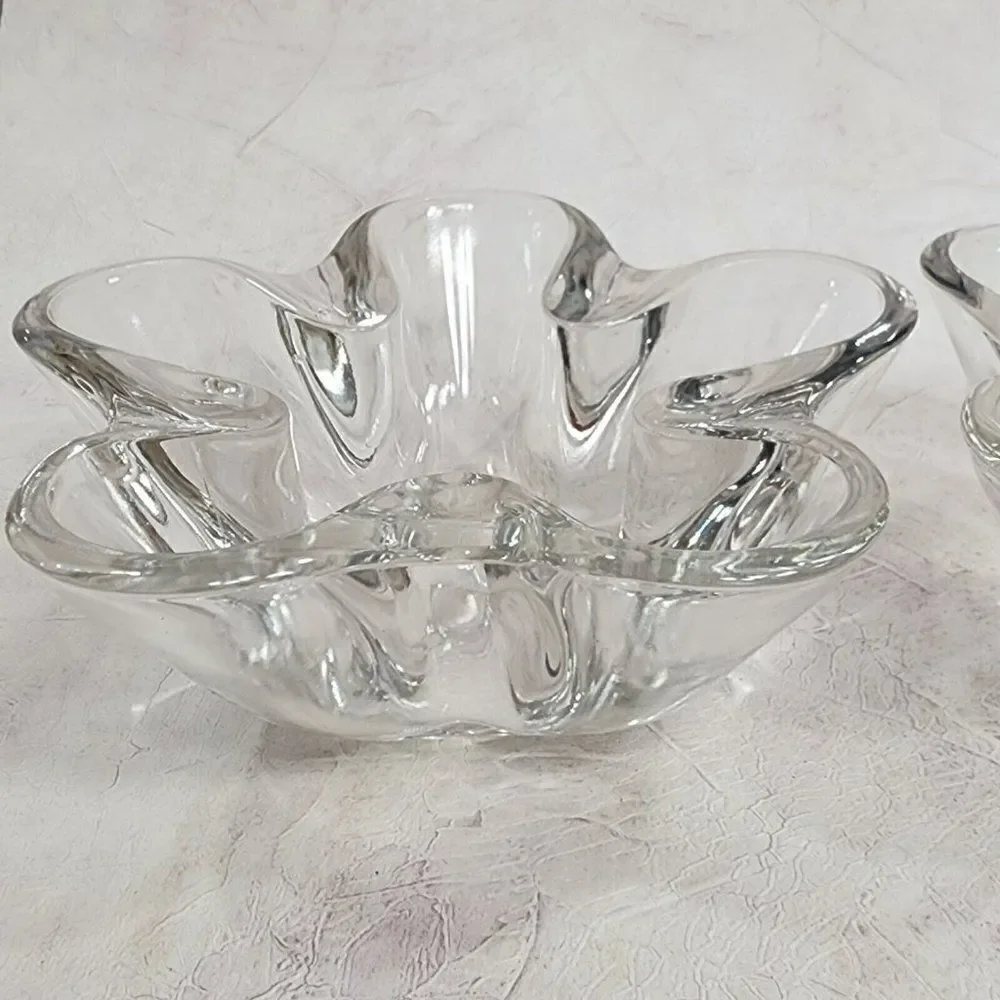 2 VTG Clear Tiffin Neodymium Flower 5 Lobe Heavy‎ Art Glass Bowl Candle Holder